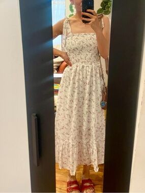 White Floral Midi Sundress with Smocked Bodice